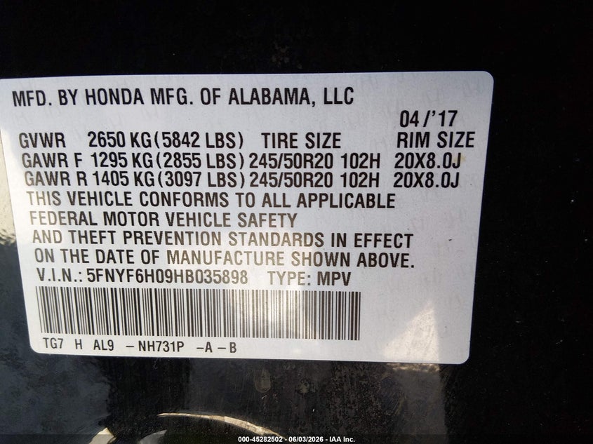 2017 Honda Pilot Elite VIN: 5FNYF6H09HB035898 Lot: 45282502