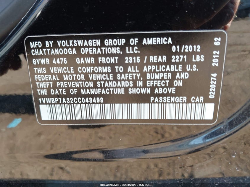 2012 Volkswagen Passat 2.5L Se VIN: 1VWBP7A32CC043499 Lot: 45282508