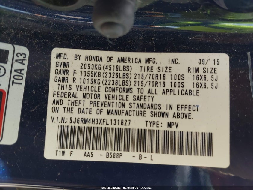 2015 Honda Cr-V Lx VIN: 5J6RM4H3XFL131827 Lot: 45282536