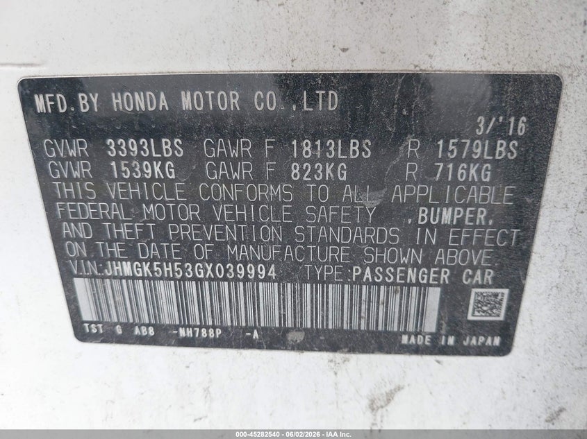 2016 Honda Fit Lx VIN: JHMGK5H53GX039994 Lot: 45282540
