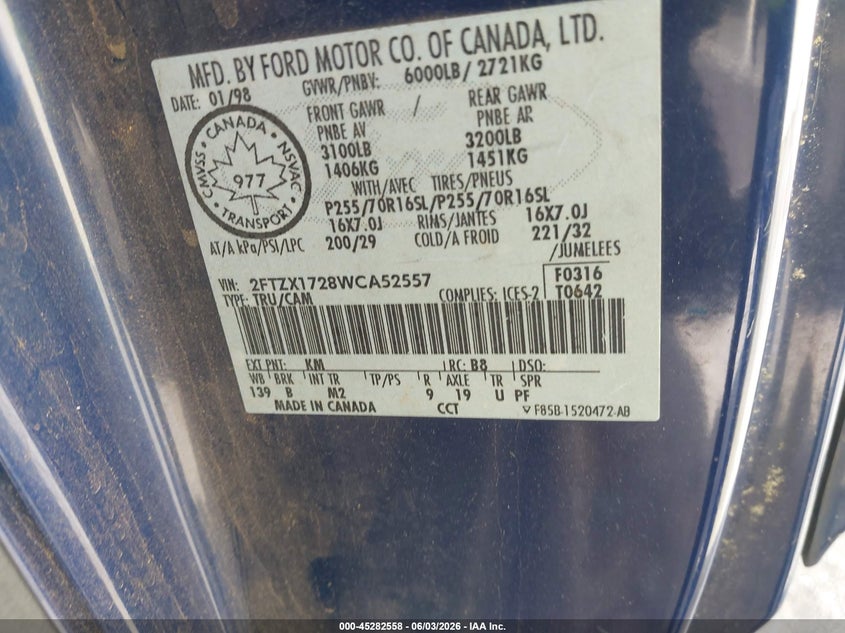 1998 Ford F-150 Standard/Xl/Xlt VIN: 2FTZX1728WCA52557 Lot: 45282558