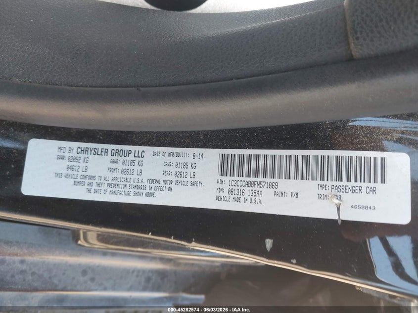 2015 Chrysler 200 Limited VIN: 1C3CCCAB8FN571869 Lot: 45282574