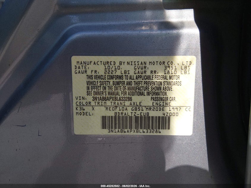 2011 Nissan Sentra 2.0S VIN: 3N1AB6APXBL633286 Lot: 45282582