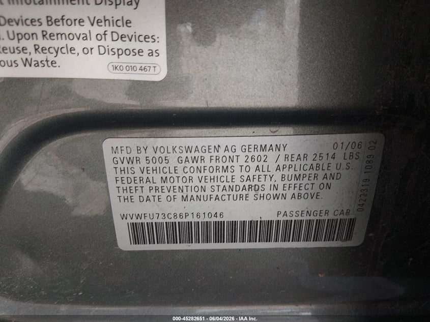 2006 Volkswagen Passat 3.6 VIN: WVWFU73C86P161046 Lot: 45282651