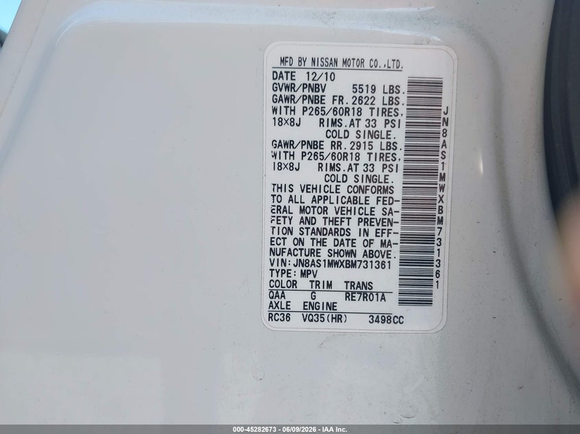 2011 Infiniti Fx35 VIN: JN8AS1MWXBM731361 Lot: 45282673