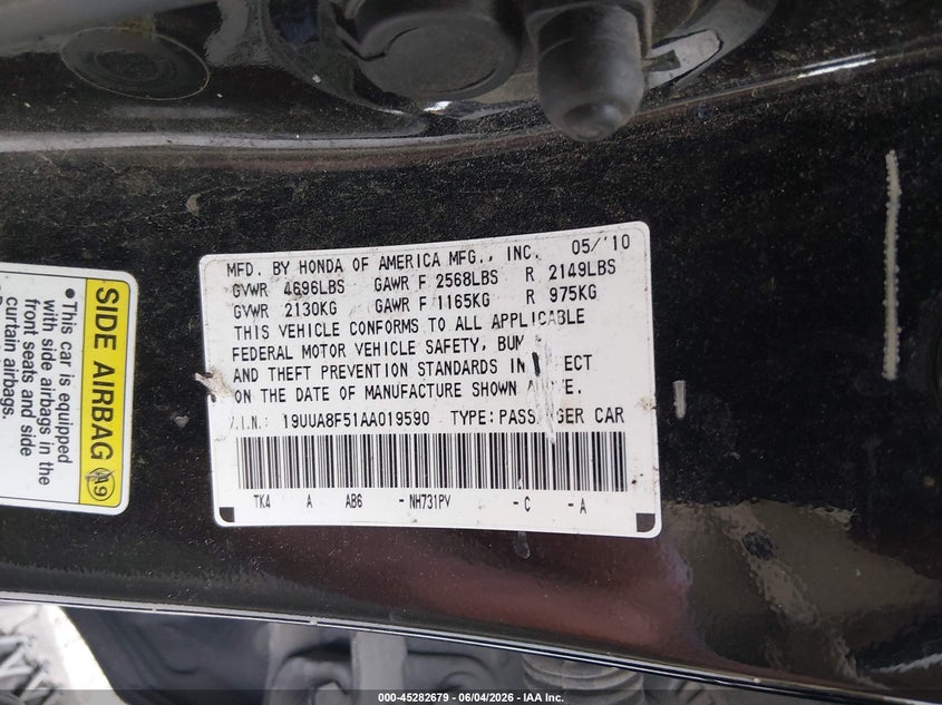 2010 Acura Tl 3.5 VIN: 19UUA8F51AA019590 Lot: 45282679