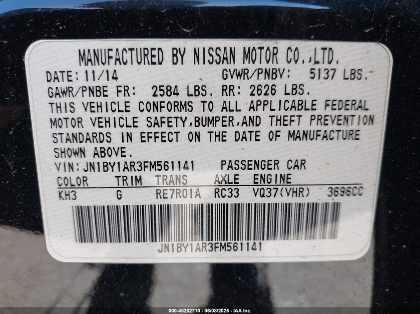 2015 Infiniti Q70 3.7X VIN: JN1BY1AR3FM561141 Lot: 45282710