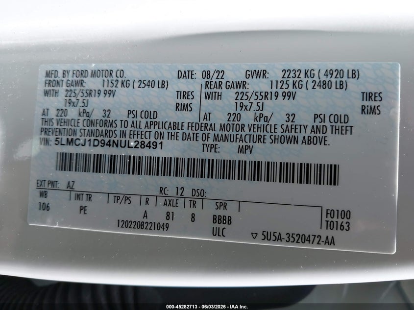 2022 Lincoln Corsair Standard VIN: 5LMCJ1D94NUL28491 Lot: 45282713
