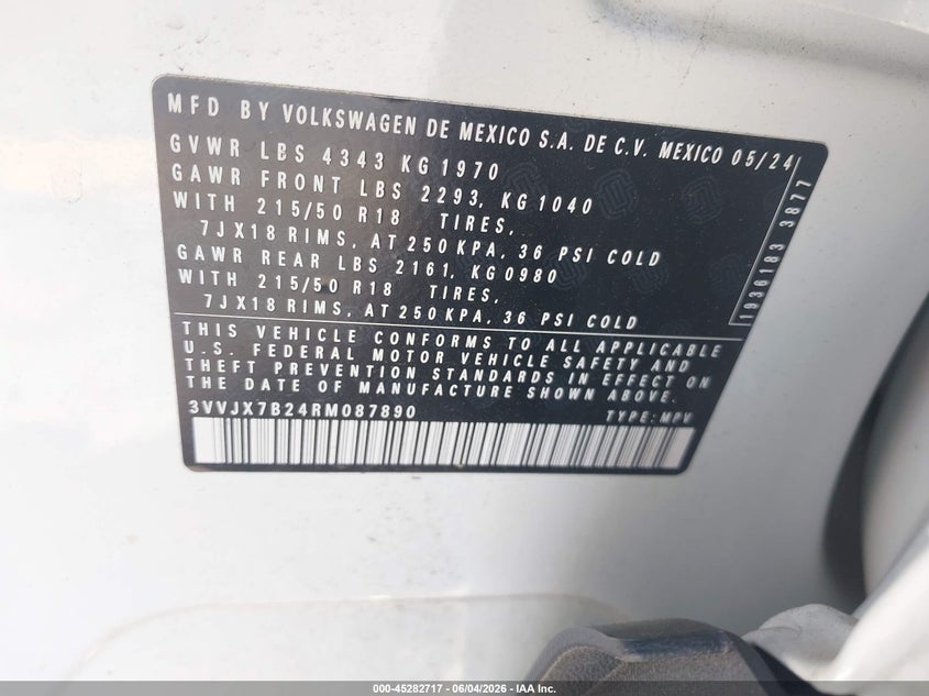 2024 Volkswagen Taos 1.5T Se Black VIN: 3VVJX7B24RM087890 Lot: 45282717