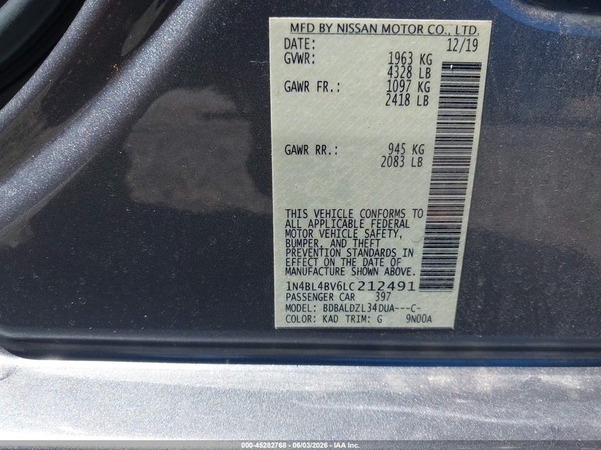 2020 Nissan Altima S Fwd VIN: 1N4BL4BV6LC212491 Lot: 45282768