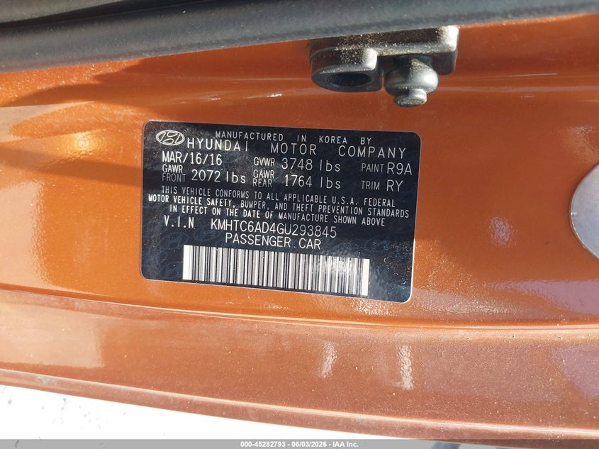 2016 Hyundai Veloster VIN: KMHTC6AD4GU293845 Lot: 45282793