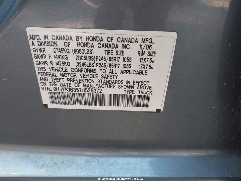 2007 Honda Ridgeline Rtx VIN: 2HJYK16357H526372 Lot: 45282820