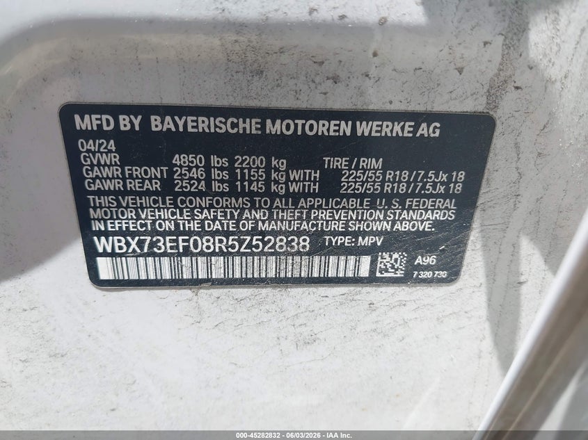 2024 BMW X1 xDrive28I VIN: WBX73EF08R5Z52838 Lot: 45282832
