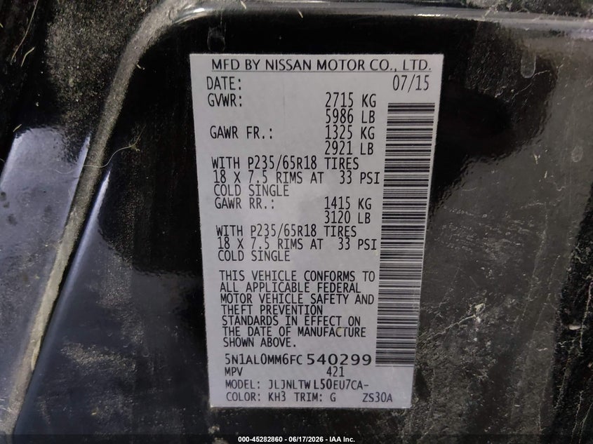 2015 Infiniti Qx60 VIN: 5N1AL0MM6FC540299 Lot: 45282860