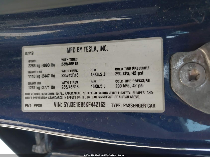 2019 Tesla Model 3 Long Range/Performance VIN: 5YJ3E1EB5KF442162 Lot: 45282867