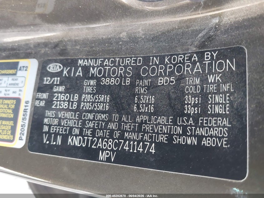 2012 Kia Soul + VIN: KNDJT2A68C7411474 Lot: 45282878