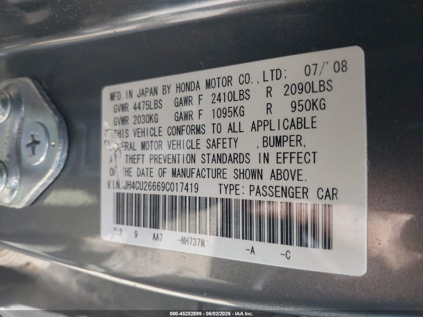2009 Acura Tsx VIN: JH4CU26669C017419 Lot: 45282899