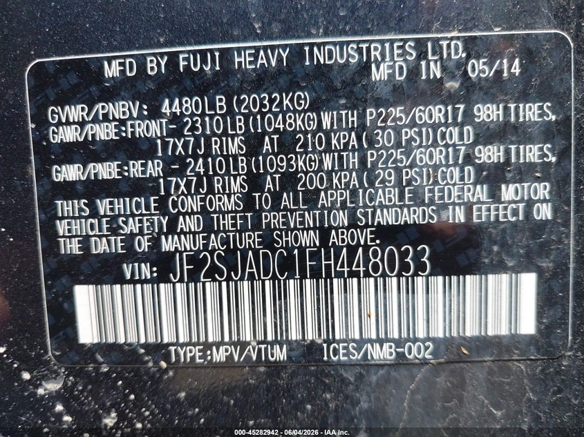 2015 Subaru Forester 2.5I Premium VIN: JF2SJADC1FH448033 Lot: 45282942