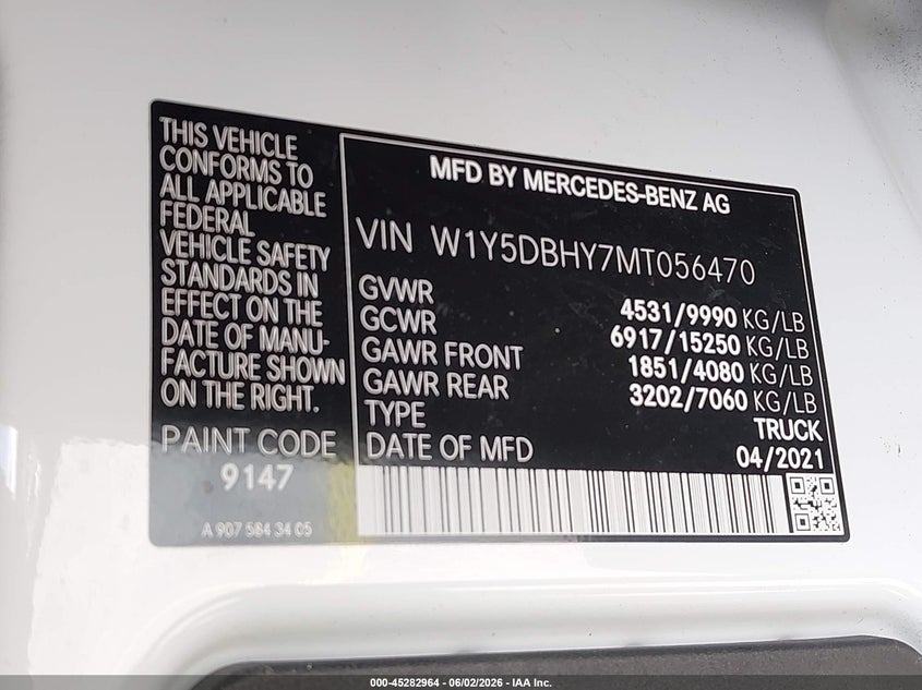 2021 Mercedes-Benz Sprinter 3500 High Roof I4 VIN: W1Y5DBHY7MT056470 Lot: 45282964