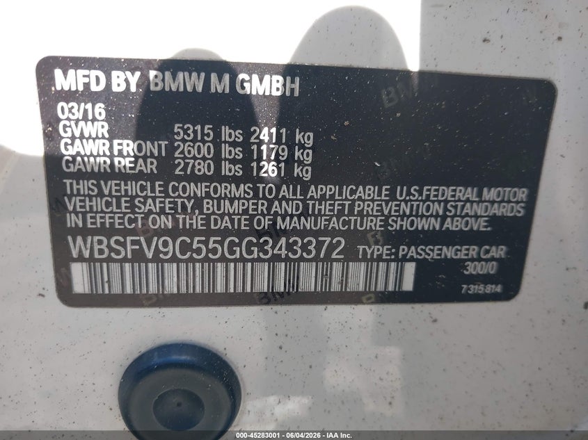 2016 BMW M5 VIN: WBSFV9C55GG343372 Lot: 45283001