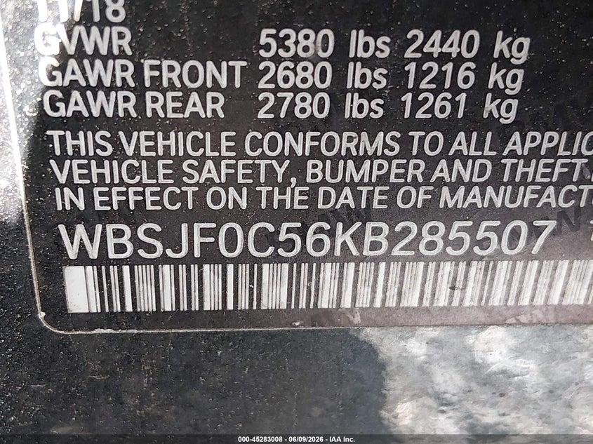 2019 BMW M5 VIN: WBSJF0C56KB285507 Lot: 45283008