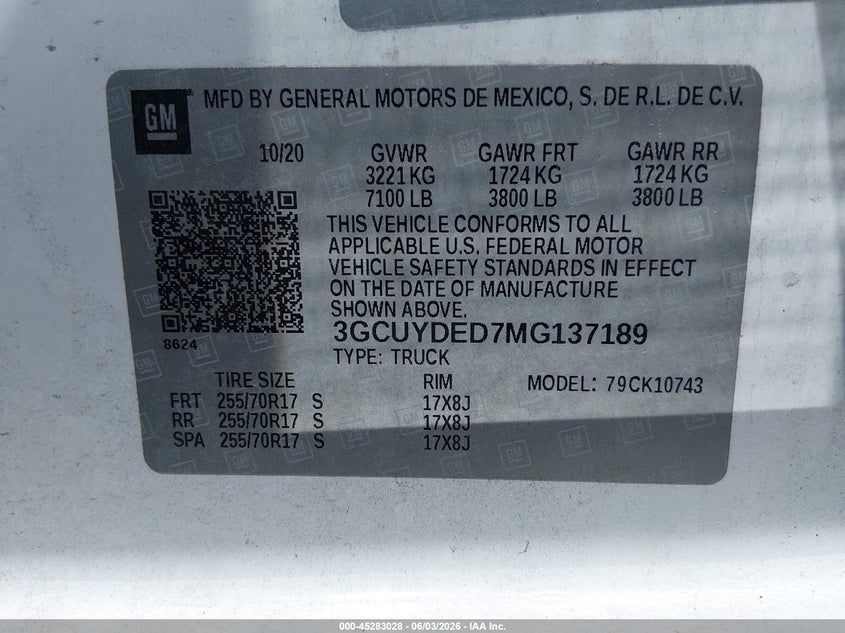 CHEVROLET SILVERADO 1500 2021 VIN 3GCUYDED7MG137189