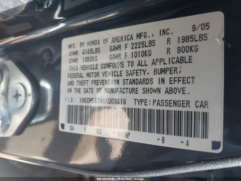 2006 Honda Accord 2.4 Ex VIN: 1HGCM56796A009416 Lot: 45283052