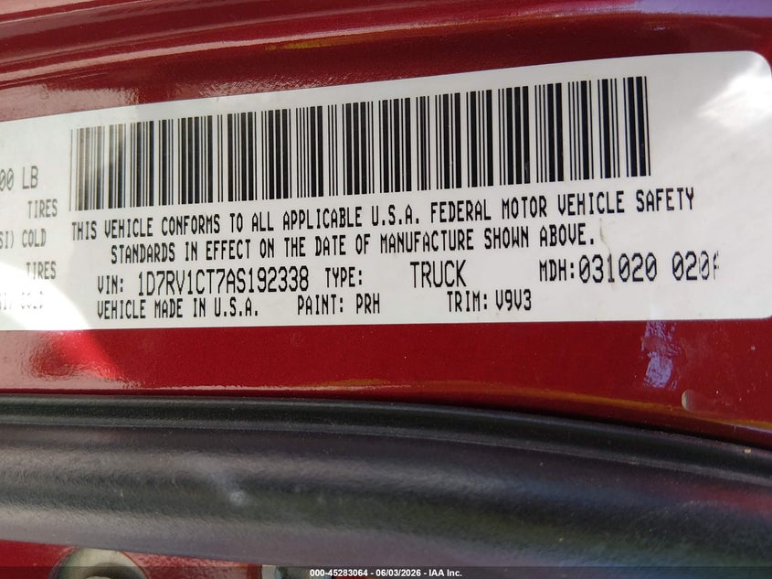2010 Dodge Ram 1500 St VIN: 1D7RV1CT7AS192338 Lot: 45283064