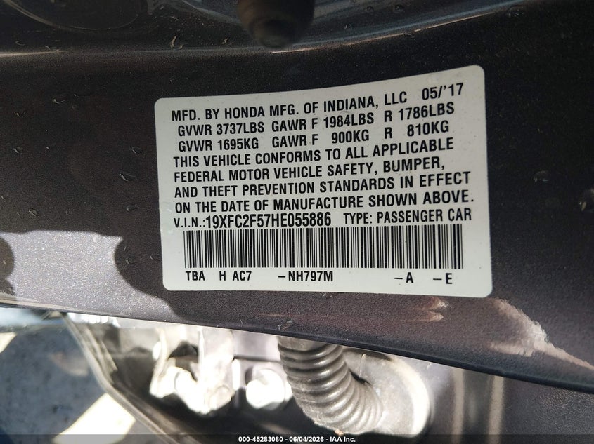 2017 Honda Civic Lx VIN: 19XFC2F57HE055886 Lot: 45283080