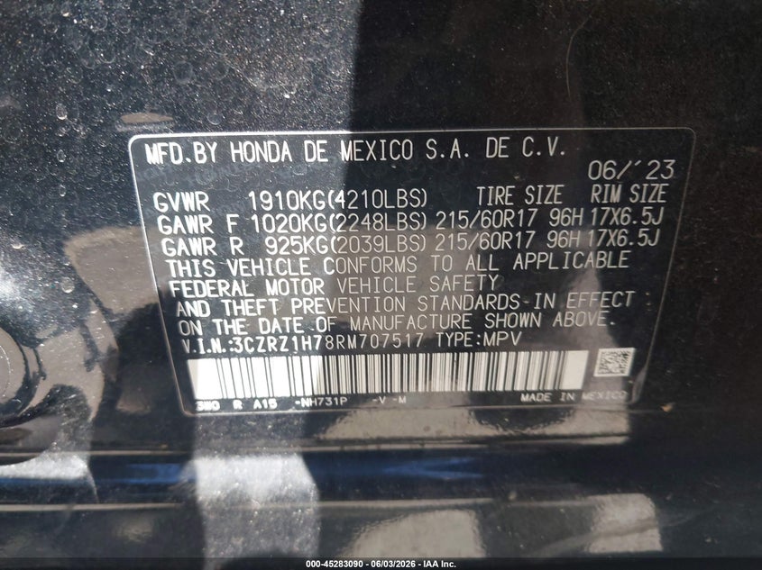 2024 Honda Hr-V 2Wd Ex-L/2Wd Ex-L W/O Bsi VIN: 3CZRZ1H78RM707517 Lot: 45283090