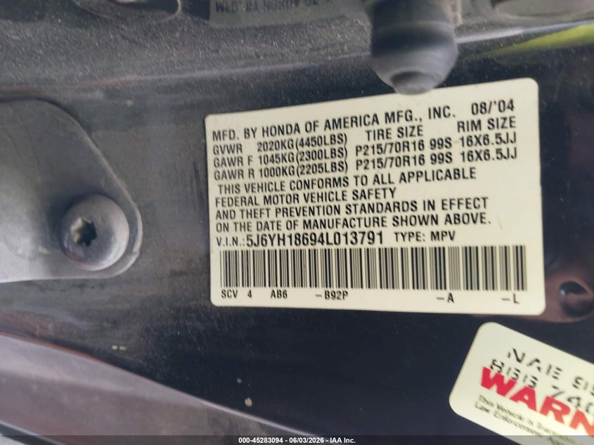 2004 Honda Element Ex VIN: 5J6YH18694L013791 Lot: 45283094
