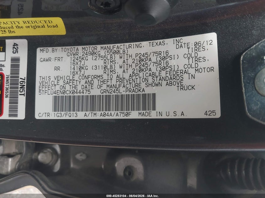 2012 Toyota Tacoma Base V6 VIN: 5TFLU4EN0CX044475 Lot: 45283104