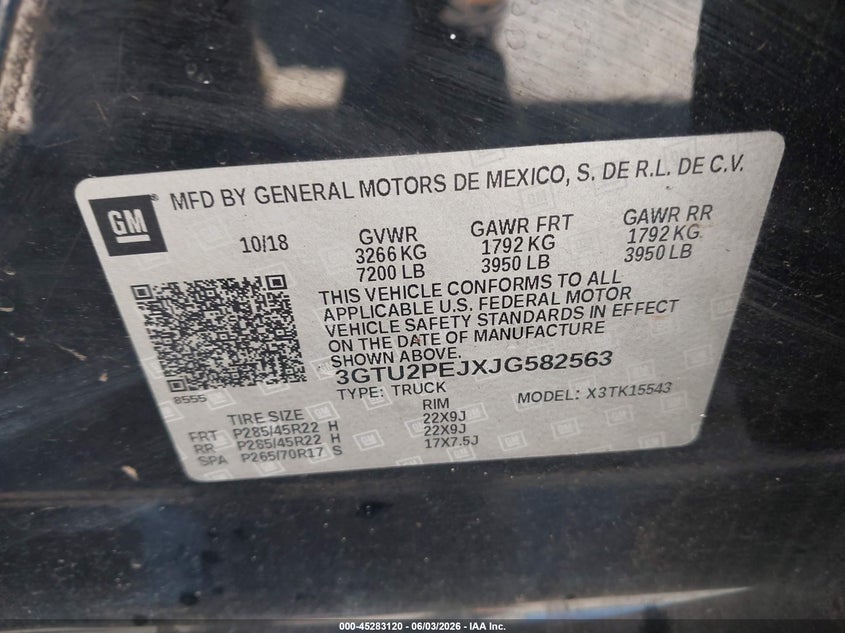 2018 GMC Sierra 1500 Denali VIN: 3GTU2PEJXJG582563 Lot: 45283120
