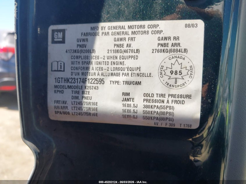 2004 GMC Sierra 2500Hd Sle/Slt/Work Truck VIN: 1GTHK23174F122595 Lot: 45283124