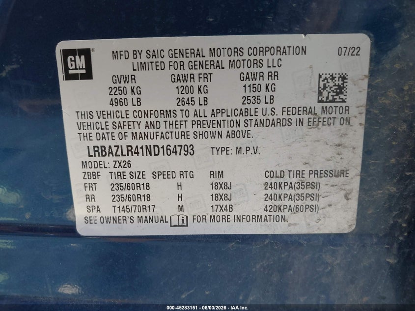 VIN: LRBAZLR41ND164793 2022 BUICK ENVISION FWD PREFERRED