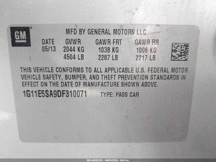 2013 Chevrolet Malibu 2Lt VIN: 1G11E5SA9DF310071 Lot: 45283161