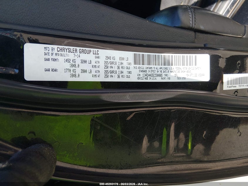 2014 Dodge Durango Sxt VIN: 1C4RDHAG5EC590885 Lot: 45283178