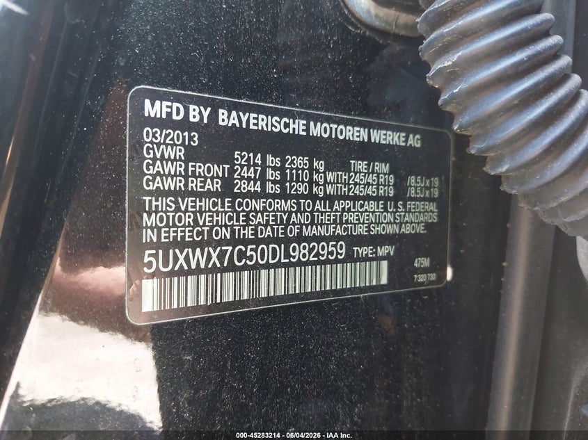 2013 BMW X3 xDrive35I VIN: 5UXWX7C50DL982959 Lot: 45283214