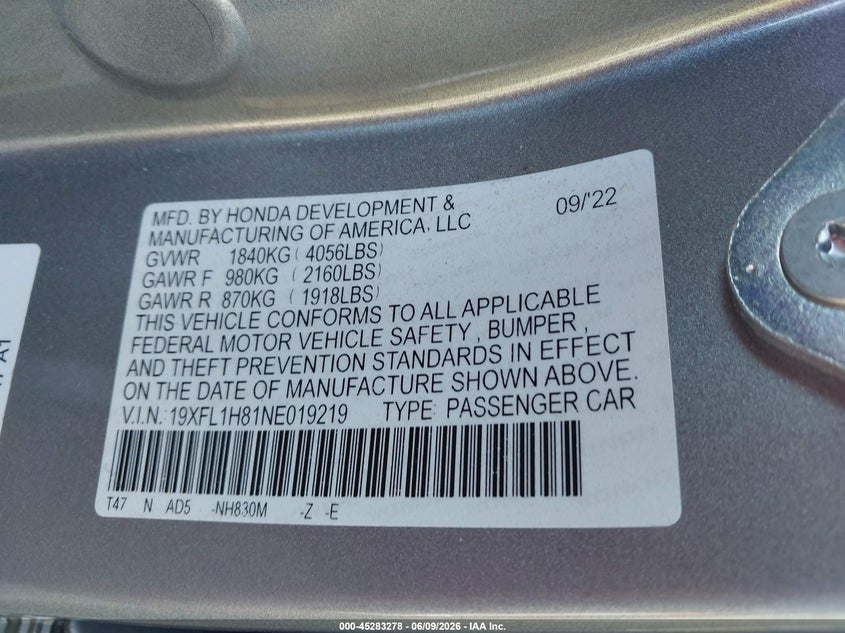 2022 HONDA CIVIC 1.5L I-4 DI, DOHC, V(VIN: 19XFL1H81NE019219