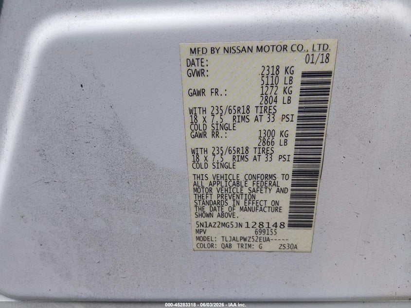 2018 Nissan Murano S VIN: 5N1AZ2MG5JN128148 Lot: 45283318