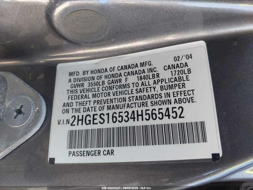 2004 Honda Civic Lx VIN: 2HGES16534H565452 Lot: 45283327