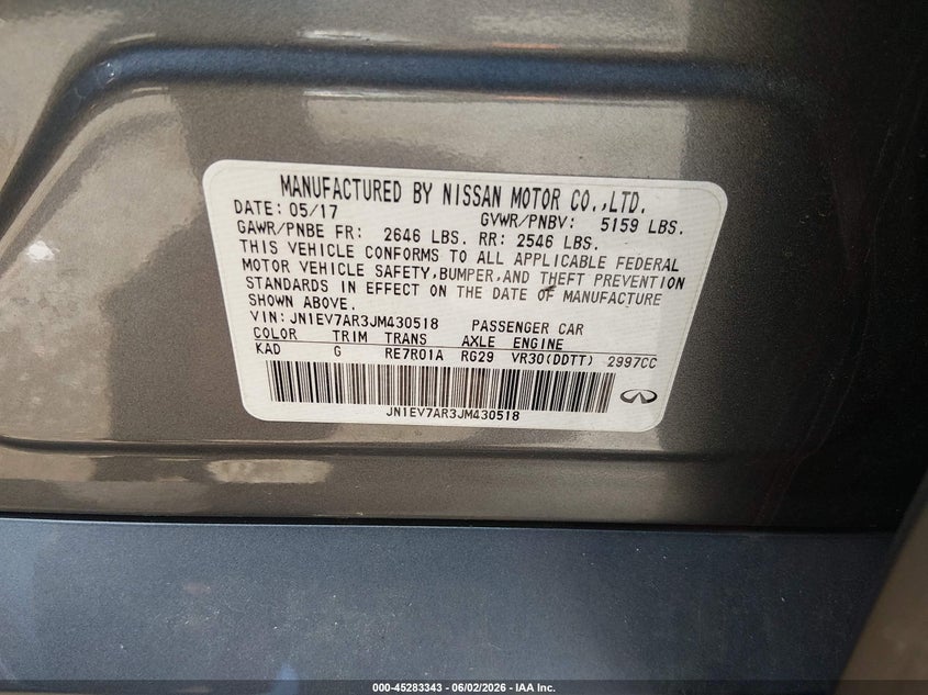 2018 Infiniti Q50 3.0T Luxe VIN: JN1EV7AR3JM430518 Lot: 45283343