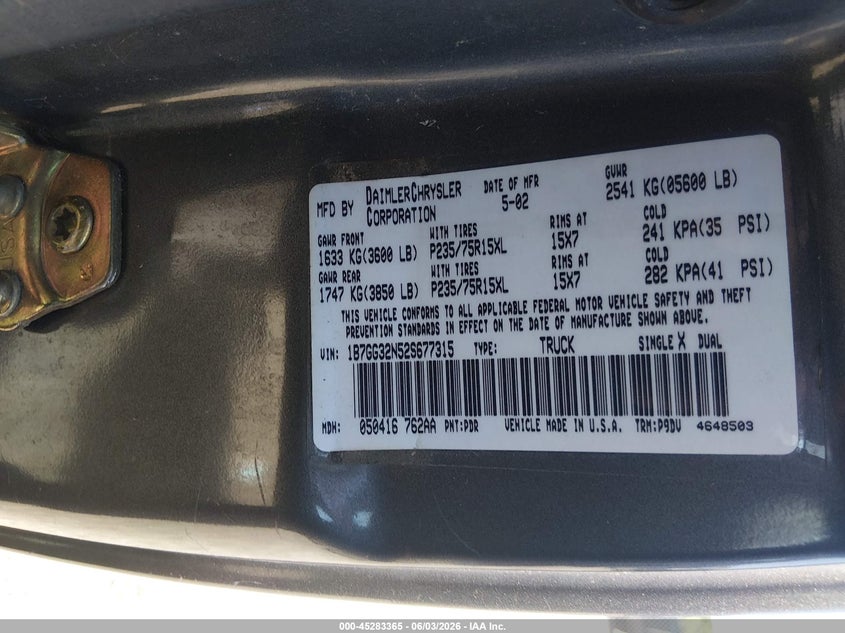 2002 Dodge Dakota Sport VIN: 1B7GG32N52S677315 Lot: 45283365