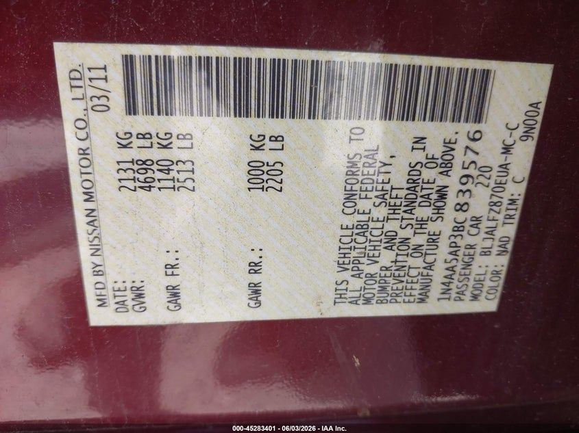 2011 Nissan Maxima 3.5 Sv VIN: 1N4AA5AP3BC839576 Lot: 45283401