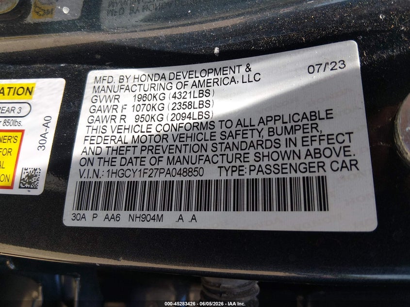 2023 HONDA ACCORD 1.5L I-4 DI, DOHC, V(VIN: 1HGCY1F27PA048850