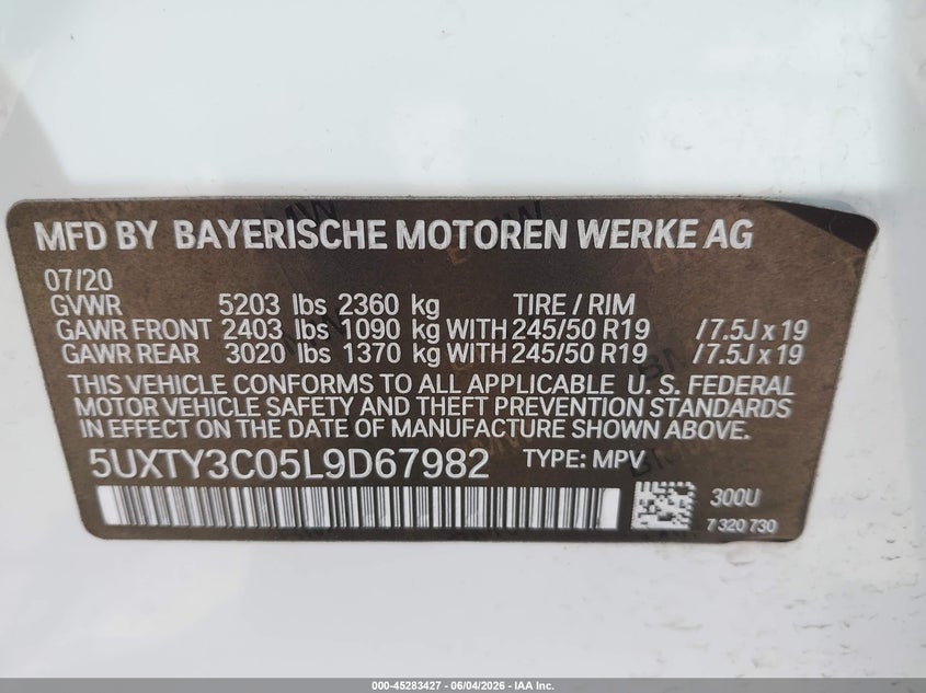 2020 BMW X3 Sdrive30I VIN: 5UXTY3C05L9D67982 Lot: 45283427