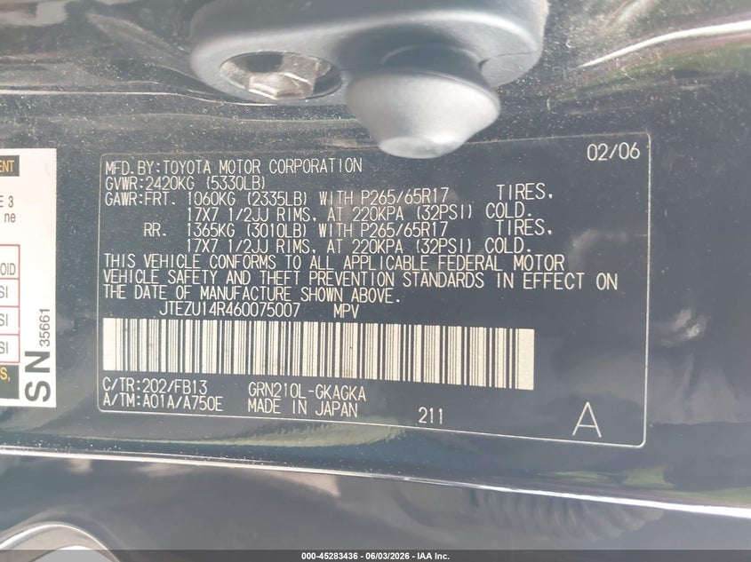 2006 Toyota 4Runner Sr5 Sport V6 VIN: JTEZU14R460075007 Lot: 45283436