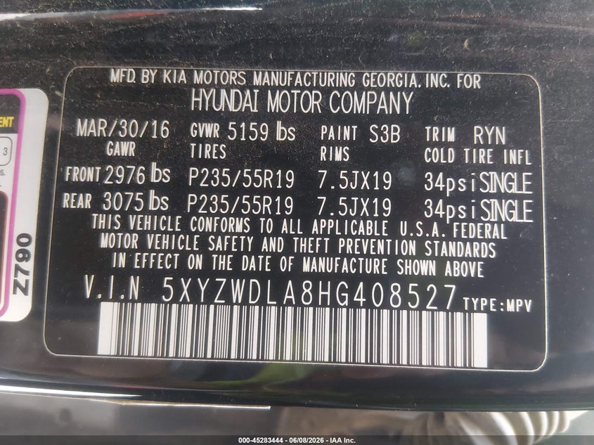 VIN 5XYZWDLA8HG408527 2017 HYUNDAI SANTA FE SPORT 2.0T ULTIMATE