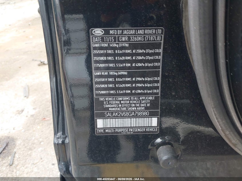 2016 Land Rover Lr4 VIN: SALAK2V68GA798980 Lot: 45283447