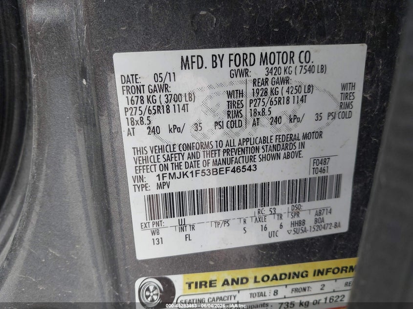 2011 Ford Expedition El Xl VIN: 1FMJK1F53BEF46543 Lot: 45283463